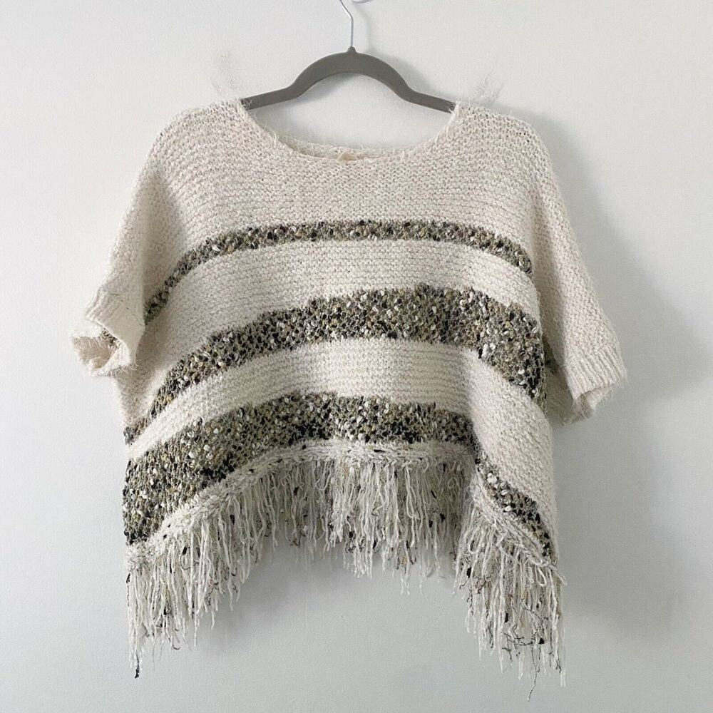 Anthropologie Moth Short Sleeve Crew Metallic Fringe Poncho Size XS NWOT